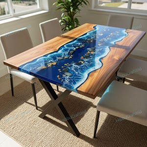 Ocean Wave Epoxy Dining Table – Handmade Solid Wood Design