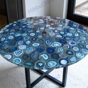Round Blue Agate Dining Table, Luxury Table for Contemporary Dining Spaces,  Natural Stone Elegance Meets Modern Design, Coffee Table.