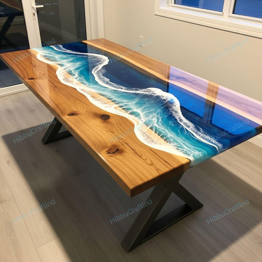 Luxury Ocean Blue Epoxy Resin Dining Table: Handmade Natural Wood ...