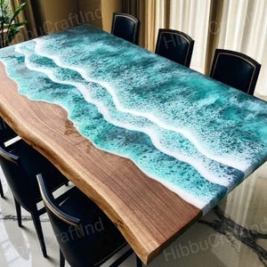 Live Edge Ocean Blue Epoxy Resin Dining Table: Coastal Design