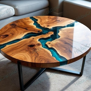 Handmade Wooden Round Coffee Table with Metallic Green Epoxy Resin – Custom Furniture
