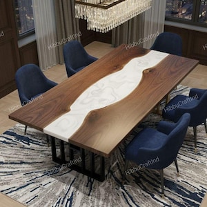 Modern White Epoxy & Solid Wood Dining Table – Luxury Handmade Design