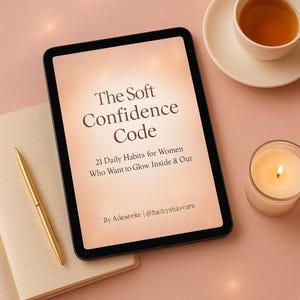 Op de afbeelding: Een digitale tablet met de tekst "The Soft Confidence Code" met de ondertitel "21 Daily Habits for Women Who Want to Glow Inside & Out." Een gouden pen en een notitieboek liggen links. Een kopje thee en een brandende kaars staan rechts.