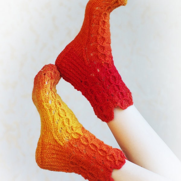 Hand knitted wool socks for woman. Warm, cozy and soft lacy, autumn gradient color. Flame, Red Orange Yellow, FREE SHIPPING Worldwide