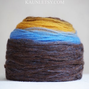 Self Striping Chunky Wool Pencil Roving, for Spinning, Felting or Knitting, Brown Mustard Yellow Blue image 2