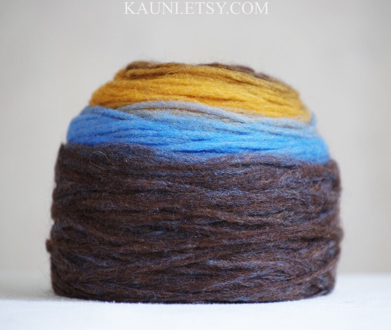 Self Striping Chunky Wool Pencil Roving, for Spinning, Felting or Knitting, Brown Mustard Yellow Blue image 2