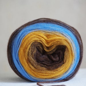 Self Striping Chunky Wool Pencil Roving, for Spinning, Felting or Knitting, Brown Mustard Yellow Blue image 1