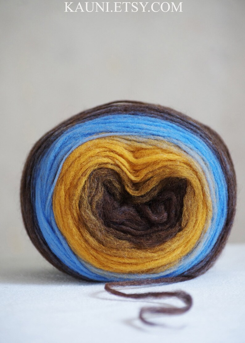 Self Striping Chunky Wool Pencil Roving, for Spinning, Felting or Knitting, Brown Mustard Yellow Blue image 1