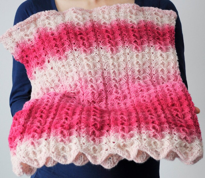 Wool lace knitted super chunky snood for woman, from kauni yarn. Pink gradient. Handmade. Ready to ship. image 1