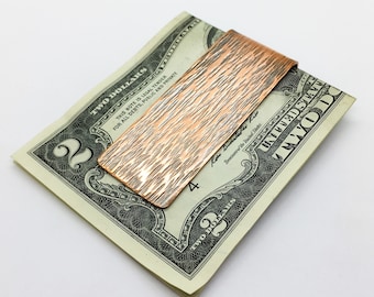 Copper money clip with straight hammered texture