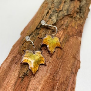 May include: A pair of earrings featuring a detailed resin maple leaf design in shades of yellow, orange, and brown. The leaves are attached to silver hooks.