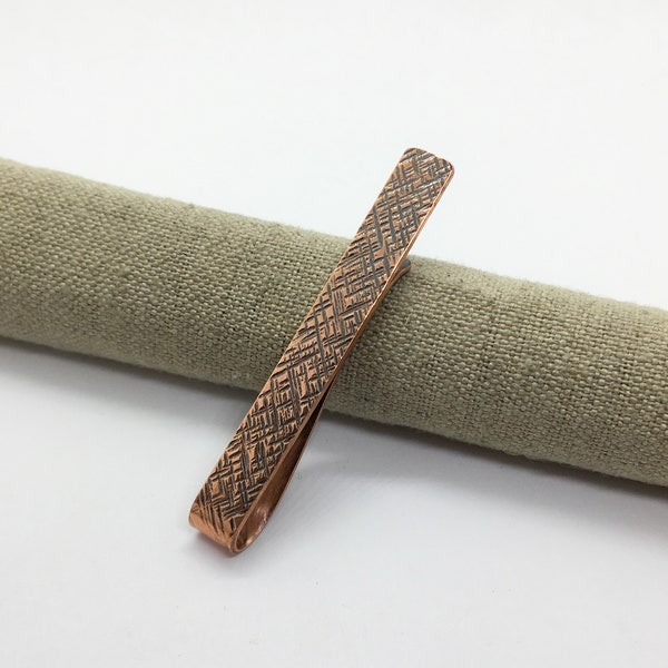 Copper tie clip with cross hatch hammered texture