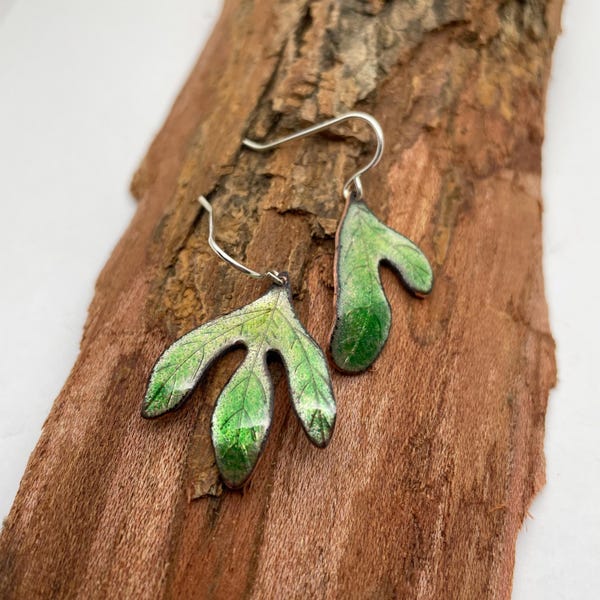 Green sassafras leaf earrings