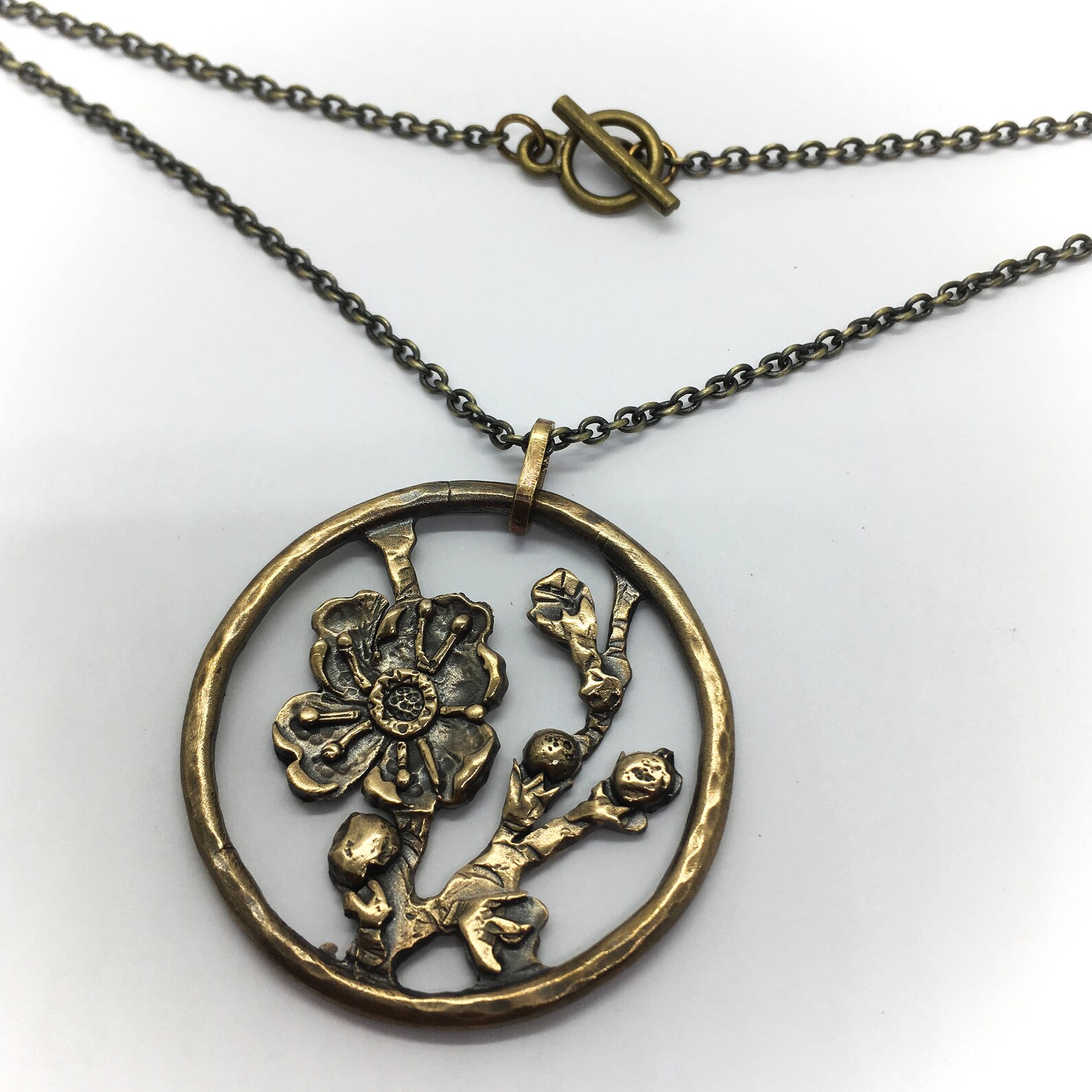 Cherry Blossom Pendant Necklace Bronze Circle Flower Necklace Etsy