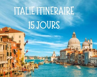 May include: A scenic view of Venice, Italy, with canals, buildings, and boats under a bright blue sky. The text "ITALIE ITINERAIRE 15 JOURS" is displayed in white across the top. The image captures a travel destination.