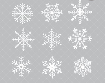 Digital Set of 9 Hand-Drawn PNG.Snowflakes