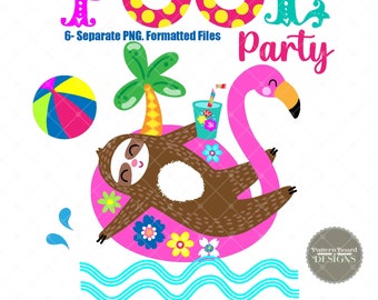 DIGITAL Download Pool Party Sloth Clip Art PNG