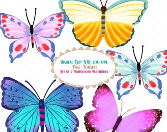 Set of 5 Watercolor Digital Butterflies Download PNG