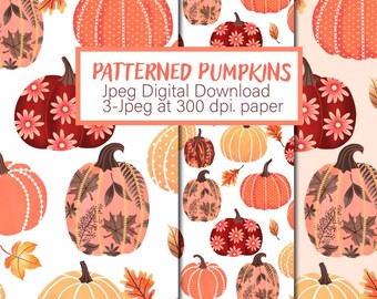 2 Digital Download Patterned Pumpkin Papers, stamp and kraft,fabric, Seamless repeat,quilting