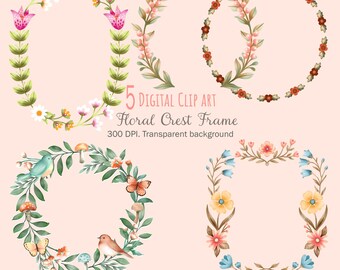 5 Clip Art Floral Frames, Digital DOWNLOAD, Png. Format