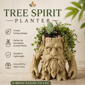 Peut inclure: Un pot de fleurs beige en forme de visage barbu avec des bras, contenant une plante succulente verte et une plante retombante. Le texte indique : TREE SPIRIT PLANTER, Unique Fantasy Design, Perfect for Succulents & Small Plants, Durable & Lightweight, Great Gift for Plant Lovers, BRING NATURE TO LIFE.