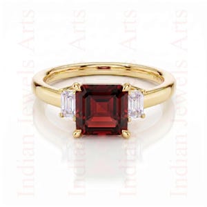 Anello di fidanzamento in argento sterling 925 con rubino rosso sintetico taglio Asscher VVS1, anello di promessa con tre pietre, pietra portafortuna di luglio, regalo di anniversario