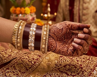 Traditional Maroon Bridal Chura Set with Kundan Work Bangles | Punjabi Wedding Bangles