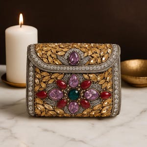 Handmade Kundan Embellished Clutch – Gold Crystal Box Clutch with Gemstones