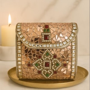 Handmade Mirror Mosaic Clutch Bag | Gemstone Studded Bridal Purse | Ethnic Evening Bag | Kundan Embellished Box Clutch
