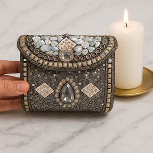 Handmade Black Mosaic Clutch | Pearl & Crystal Evening Purse | Elegant Box Clutch with Chain | Bridal or Partywear