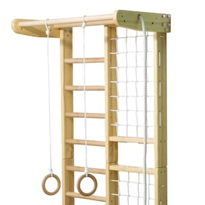 Wooden Indoor Climbing Wall Set – Swedish Ladder with Climbing Net, Rings & Rope | Montessori Home Gym