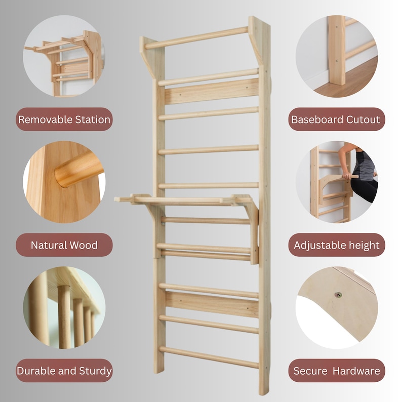 Puede incluir: Una espaldera de gimnasia de madera natural para montaje en pared con estaci&oacute;n extra&iacute;ble, altura ajustable, recorte para rodapi&eacute; y herrajes seguros. La estructura incluye m&uacute;ltiples pelda&ntilde;os horizontales.