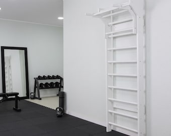 Escalera sueca de madera con barra de dominadas y barra para fondos