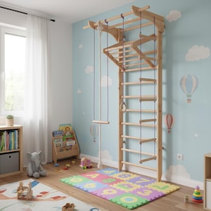May include: A wooden climbing frame with a ladder, rings, and a rope swing is mounted on a light blue wall decorated with clouds and hot air balloons. A colourful foam mat with numbers is on the floor.