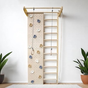 Wooden Indoor Climbing Wall Set – Swedish Ladder with Rock Wall, Rings & Rope | Montessori Home Gym