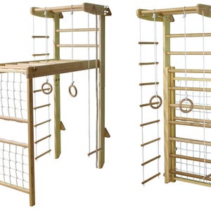 Indoor Wooden Play Gym for Kids | Foldable Climbing Set with Monkey Bar & Rope Attachments