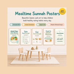 Puede incluir: Un conjunto de cinco pósteres Mealtime Sunnah con textos educativos e ilustraciones sobre hábitos alimenticios saludables. Los pósteres incluyen frases como Choose Foods That Help You Grow Strong, Take Just Enough, Eat Just Enough, Food Is Allah's Blessing y Alhamdulillah.