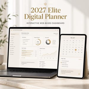 Könnte beinhalten: Ein Laptop und ein Tablet zeigen den 2027 Elite Digital Planner, ein interaktives webbasiertes Dashboard. Die Bildschirme zeigen eine übersichtliche Benutzeroberfläche mit Kalender, Aufgabenlisten, Fortschrittsdiagrammen und Zielverfolgung.