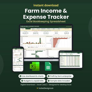 Farm Income and Expense Tracker, Excel Farm Bookkeeping Spreadsheet with Dashboard for Ranch & Homestead