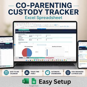 May include: A digital co-parenting custody tracker Excel spreadsheet displayed on a laptop, tablet, and smartphone. The screens show a dashboard with a pie chart, data logs, and setup fields. Text includes CO-PARENTING CUSTODY TRACKER and Easy Setup.