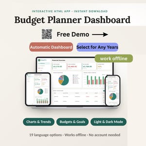 May include: An interactive HTML budget planner dashboard displayed on a laptop and two mobile devices. The interface features financial charts, trends, and budget goals. Text includes Budget Planner Dashboard, Free Demo, Automatic Dashboard, Select for Any Years, work offline, Charts & Trends, Budgets & Goals, Light & Dark Mode, and 19 language options.