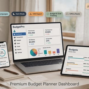 Puede incluir: Un panel de control digital de planificación presupuestaria BudgetPro en un portátil, una tableta y un teléfono inteligente. Las pantallas muestran datos financieros como ingresos totales, gastos, tasas de ahorro y objetivos.