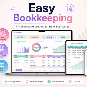 May include: A digital bookkeeping dashboard displayed on a laptop, tablet, and smartphone. The screen shows financial data including total income, expenses, net profit, and profit margin, with charts and tables labeled Easy Bookkeeping.