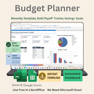 May include: A digital budget planner template displayed on a laptop screen, featuring a biweekly tracker, debt payoff, and savings goals. The interface includes a pie chart, bar graph, and expense breakdown tables. Icons indicate easy use and smart calendar.