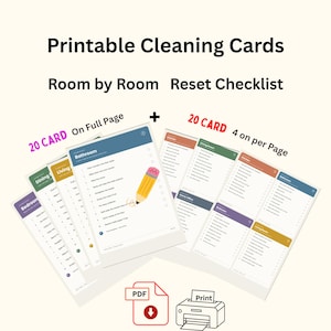 May include: Printable cleaning cards featuring a room-by-room reset checklist. The set includes 20 cards on full pages and 20 cards formatted as 4 per page. The documents are displayed with colorful headers, bulleted task lists, and a pencil icon.