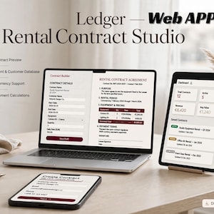 May include: A laptop, tablet, and smartphone displaying the Ledger Web APP Rental Contract Studio interface. The screens show contract builder forms, rental agreements, and a dashboard with contract statistics, revenue, and currency data.