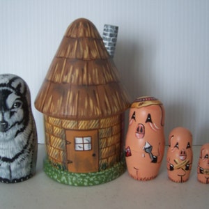 Hand Painted Three Little Pigs Stacking Nesting Doll Set
