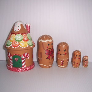 Hand painted Gingerbread House and Family stacking nesting doll set