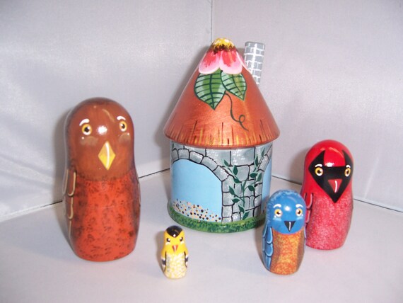 Hand Painted Bird Feeder And Birds Stacking Nesting Doll Set Etsy