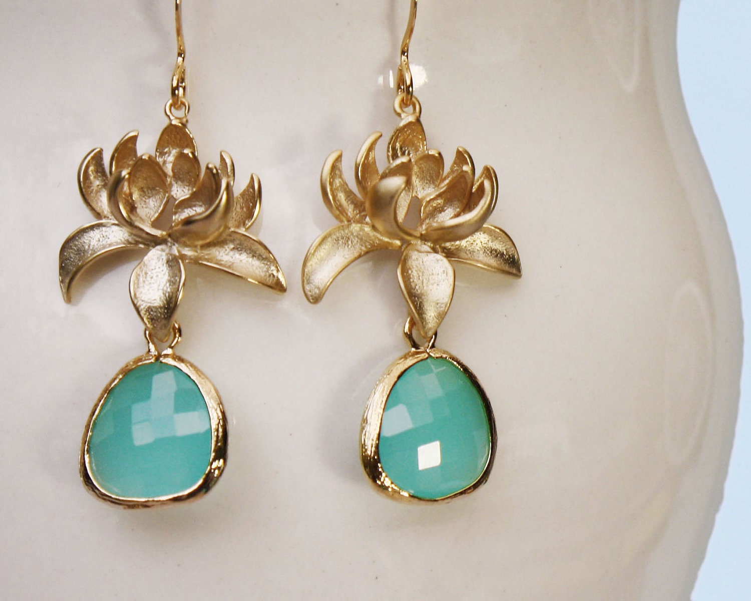 Lotus flower earrings. Gold and aqua earrings with framed Etsy